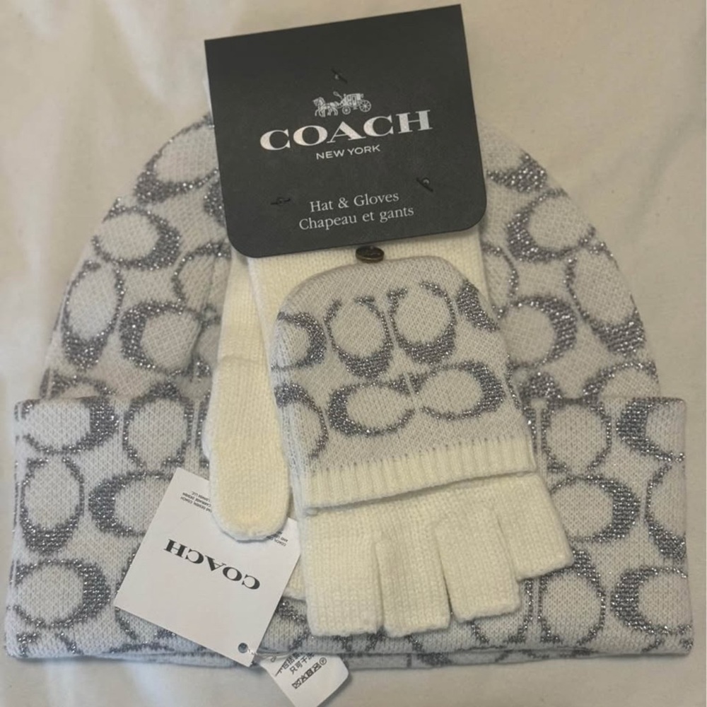 Coach Cream and Gray Knit Hat and Gloves Set